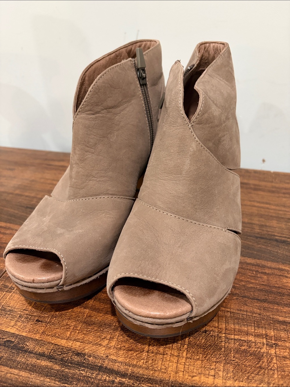Dansko Taupe Open-Toe Suede Wedge Mules